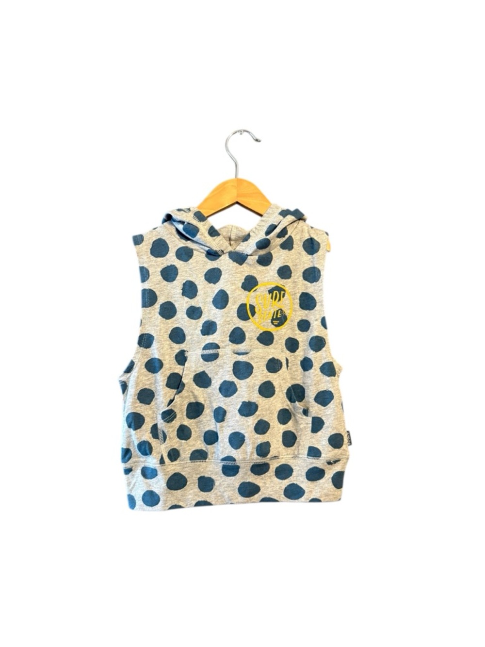 Bonds Gray Sleeveless Hoodie with Blue Polka Dots and Yellow Chest Graphic